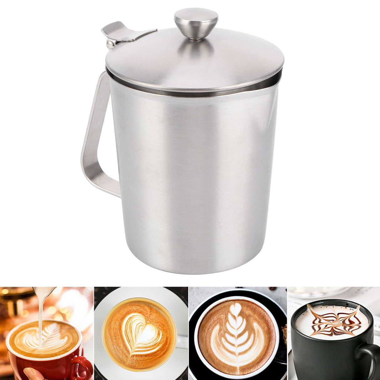 Coffee Latte Cup Thicken 304 Stainless Steel Measuring cup Milk Frothing Jug with Scale Cover500ml with Cover