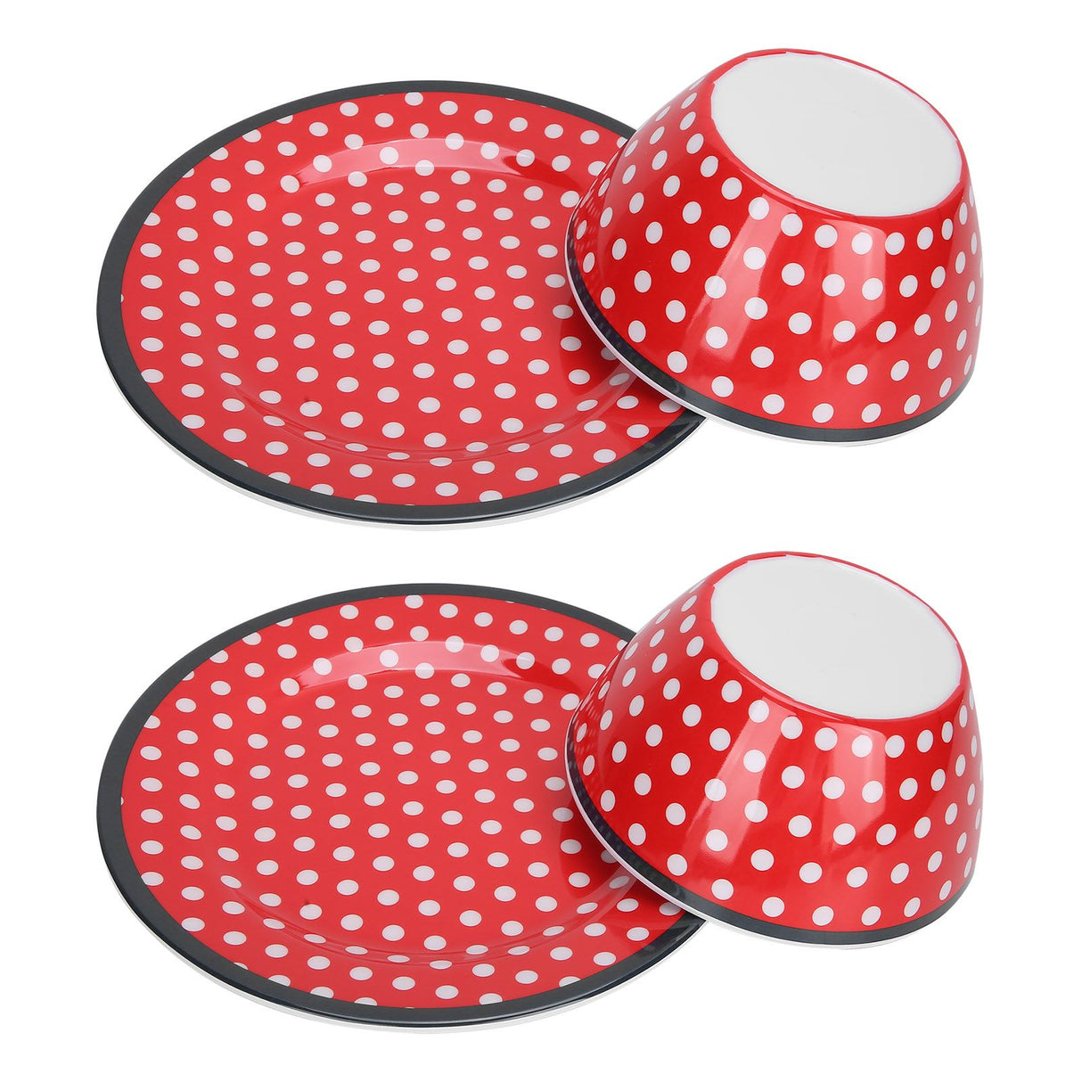 4Pcs Salad Dish Set Red Dots Imitation Porcelain Plate Fruit Food Cake Dish Dinnerware for Kitchen