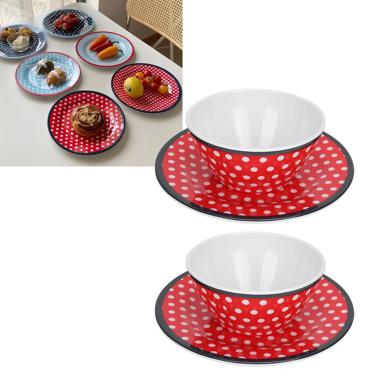 4Pcs Salad Dish Set Red Dots Imitation Porcelain Plate Fruit Food Cake Dish Dinnerware for Kitchen