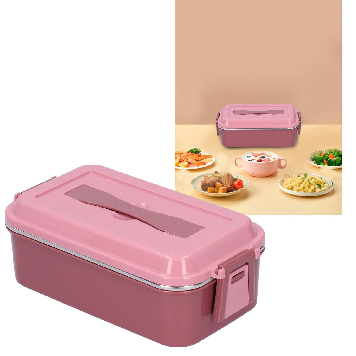 304 Stainless Steel Lunch Box Rectangular Insulated Portable Bento Box with HandleSingle Layer 700ml