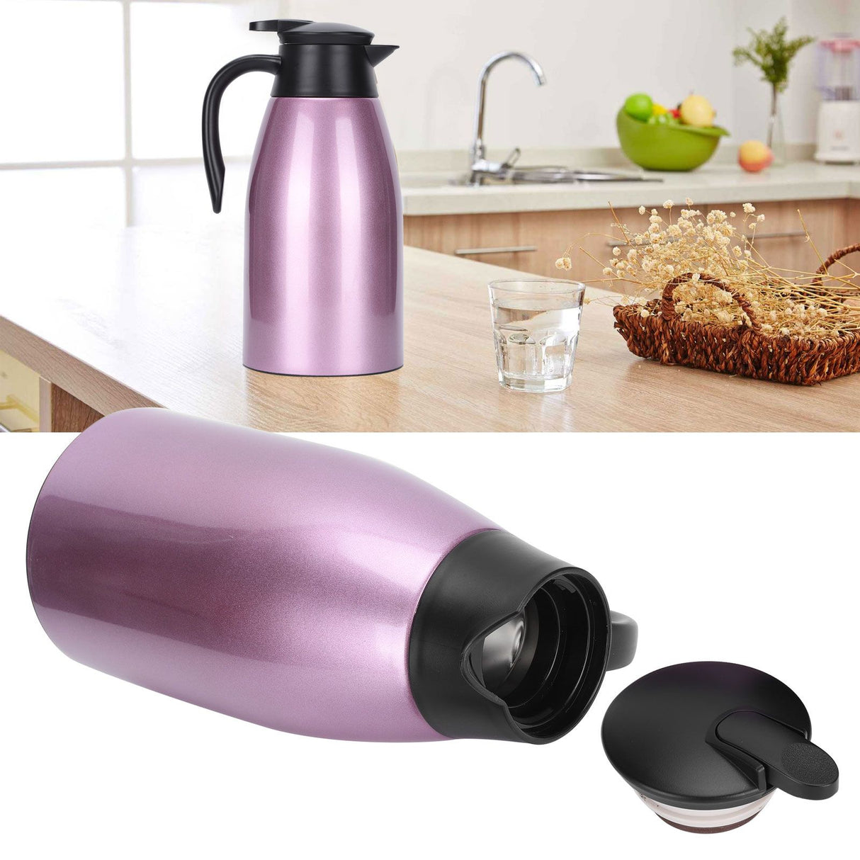 2L Large Capacity Insulated Hot Water Pot Inner Stainless Steel Thermal Coffee BottlePurple 2L