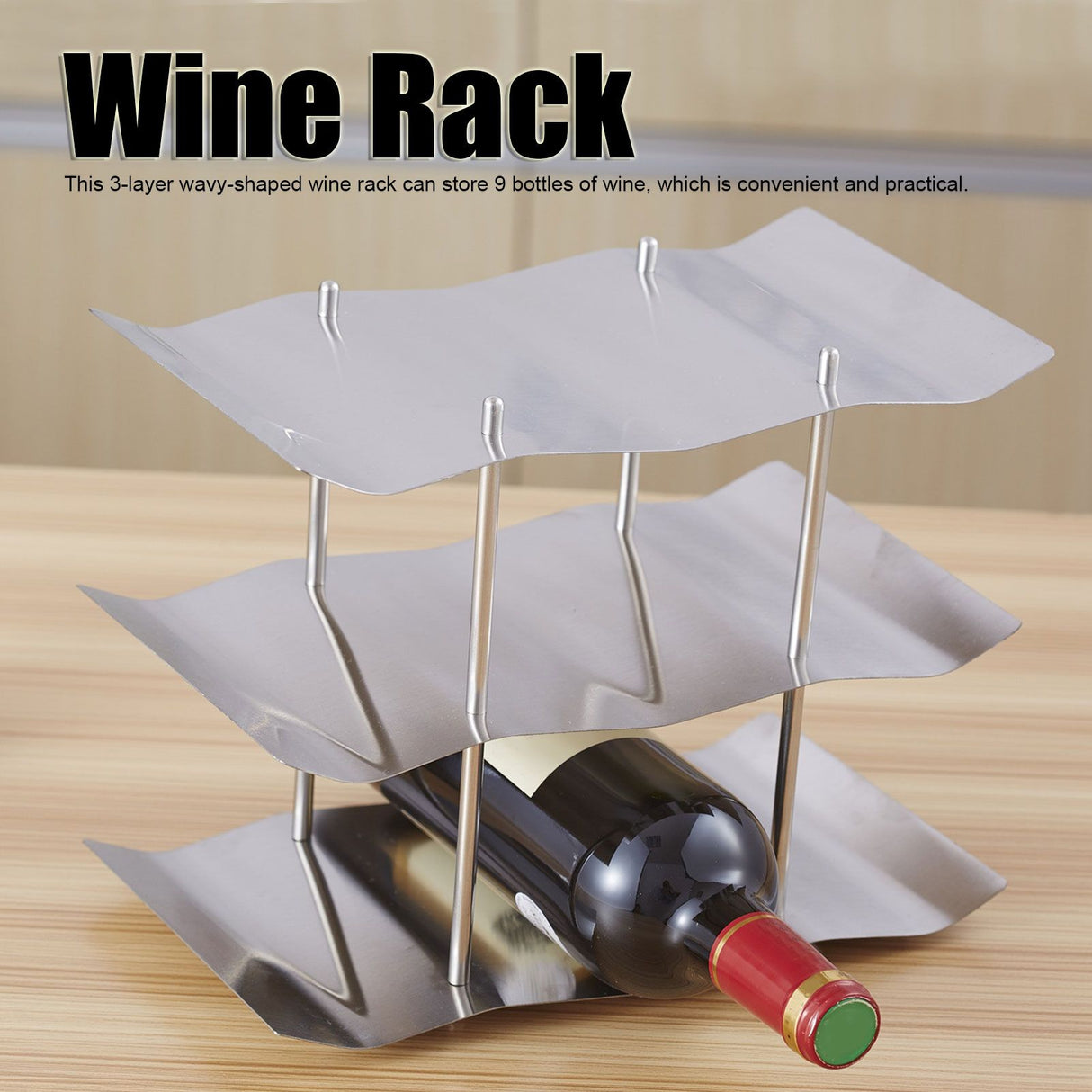 3‑Tier Stainless Steel Wine Rack Freestanding Wavy Wine Holder Display Shelf Kitchen Accessories