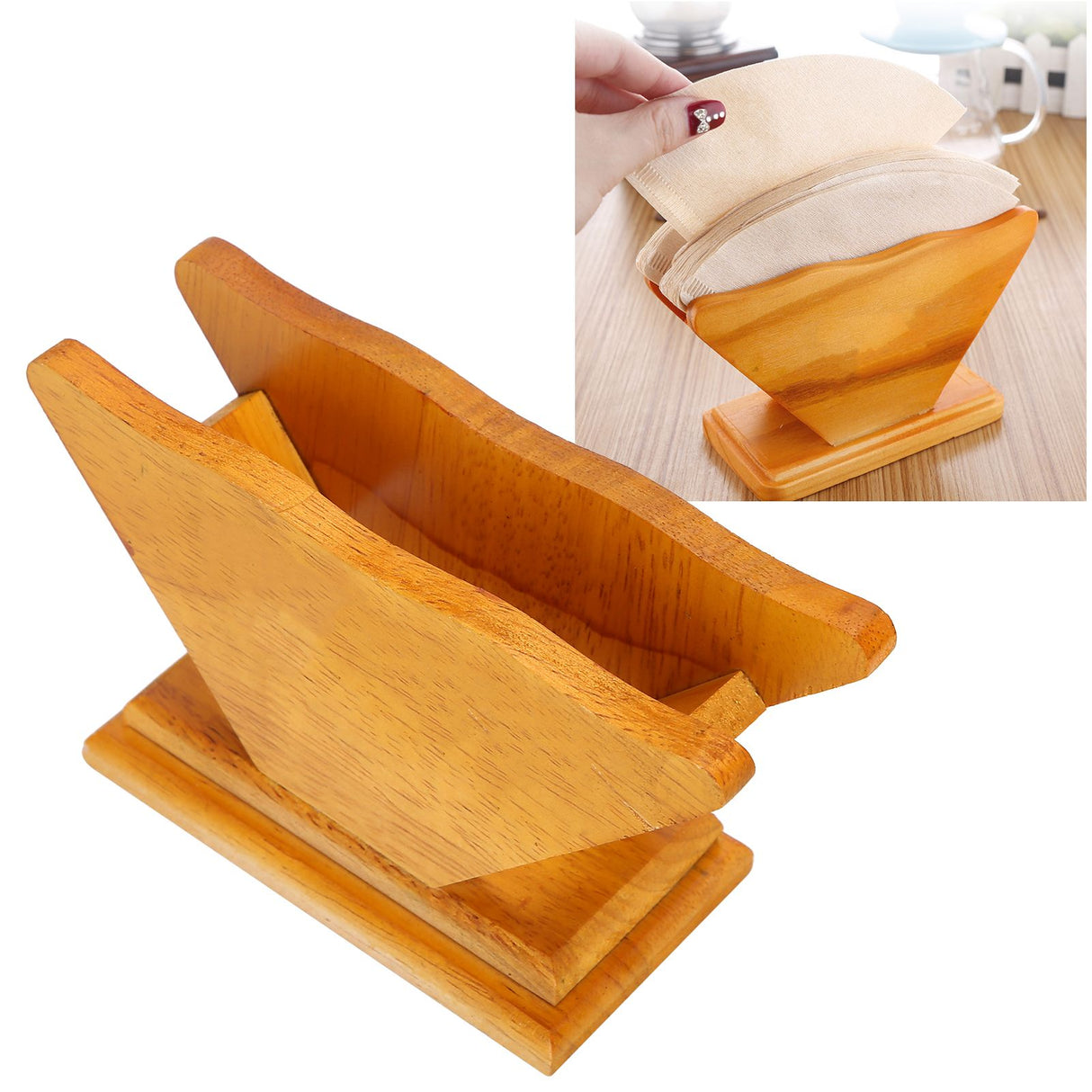 Coffee Filter Paper Holder Countertop Reusable V shaped Wooden Storage Container Dispenser