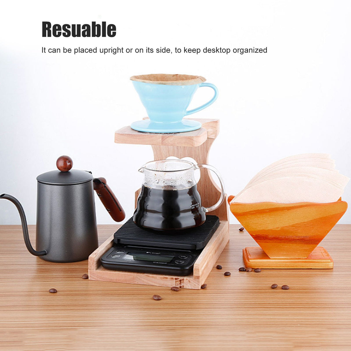Coffee Filter Paper Holder Countertop Reusable V shaped Wooden Storage Container Dispenser