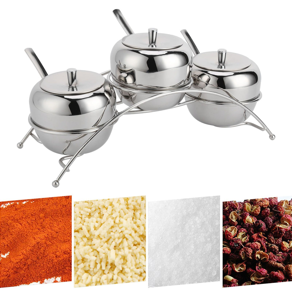 Stainless Steel Condiment Seasoning Containers Pots Set Salt Pepper Sugar Storage Organizers