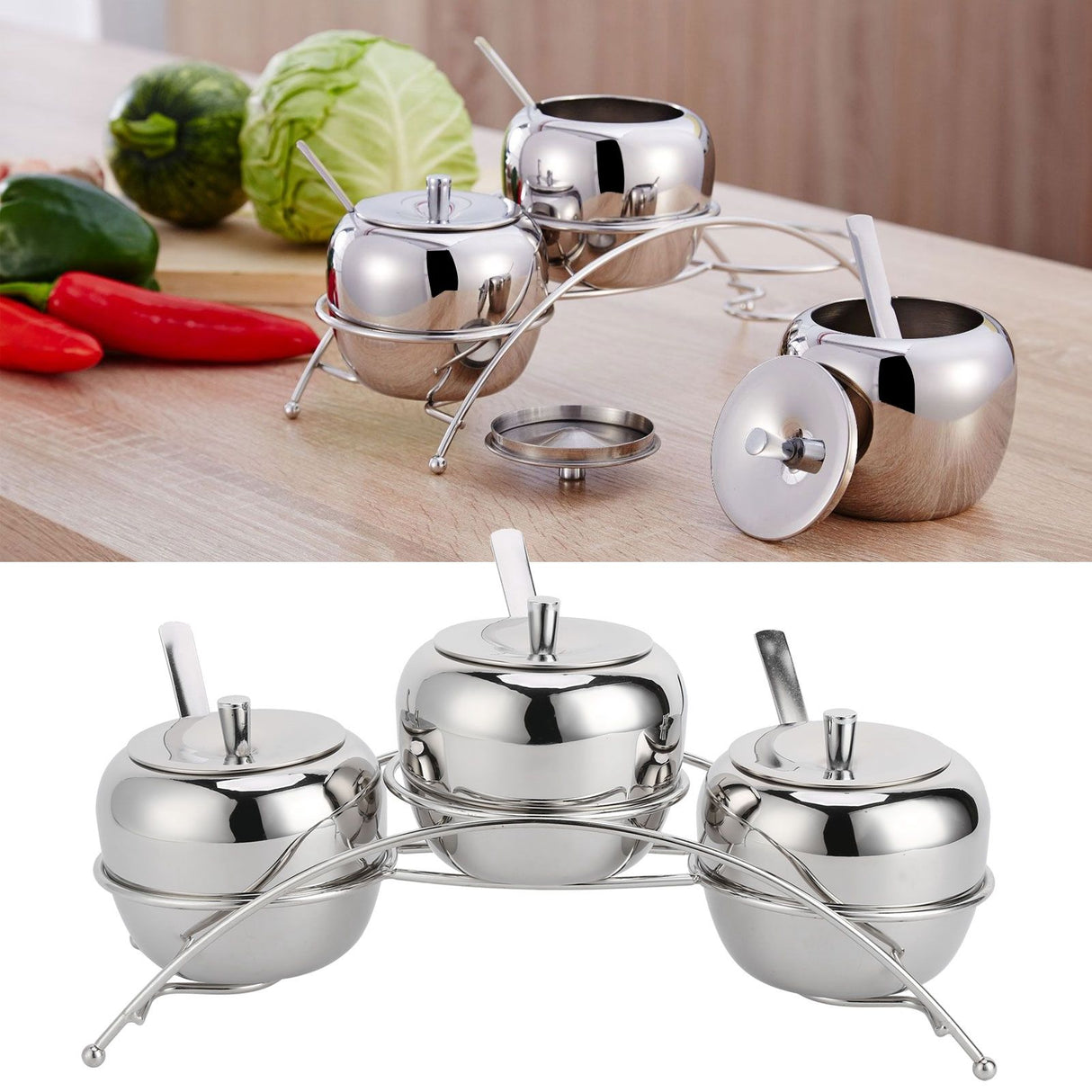 Stainless Steel Condiment Seasoning Containers Pots Set Salt Pepper Sugar Storage Organizers