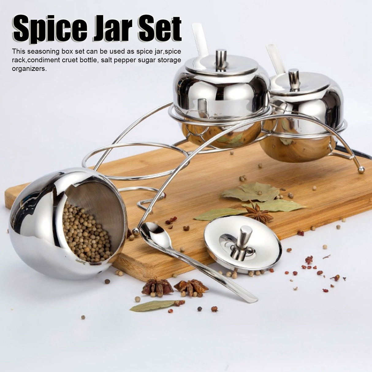 Stainless Steel Condiment Seasoning Containers Pots Set Salt Pepper Sugar Storage Organizers