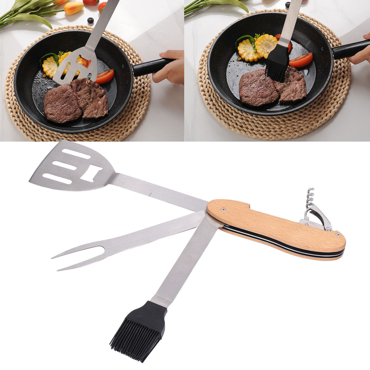 BBQ Tool Set 5 in 1 Multifunction Foldable Portable Spatula Brush Fork Bottle Opener Stainless Steel Grill Combo Set