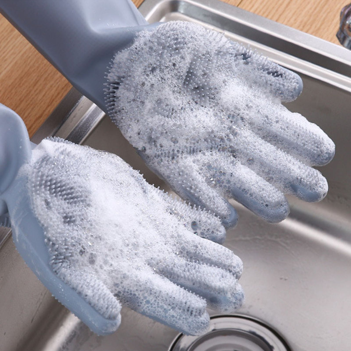 Silicone Gloves with bristles Waterproof Splashproof Oil Proof Soft Elastic Kitchen Dishwashing Silicone Cleaning GlovesGrey