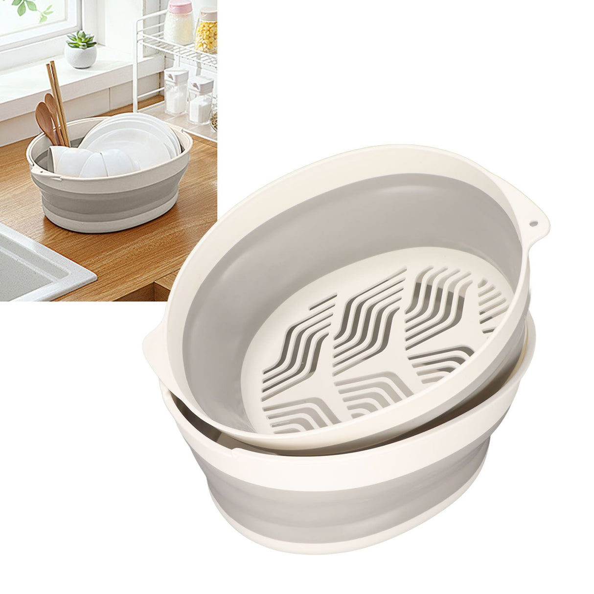 Double Layer Drain Basket Separate Design Foldable Portable Fruit Vegetable Storage Basket for Kitchen Outdoor Travel Gray White Small