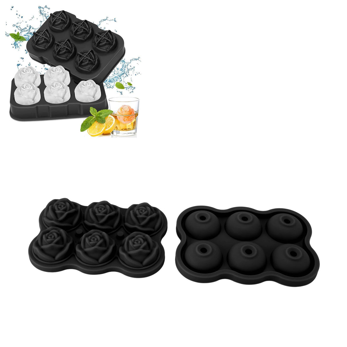 Rose Ice Cube Tray Silicone 6 Cubes No BPA Ice Making Accessory with Lid for Cocktail Whisky Black