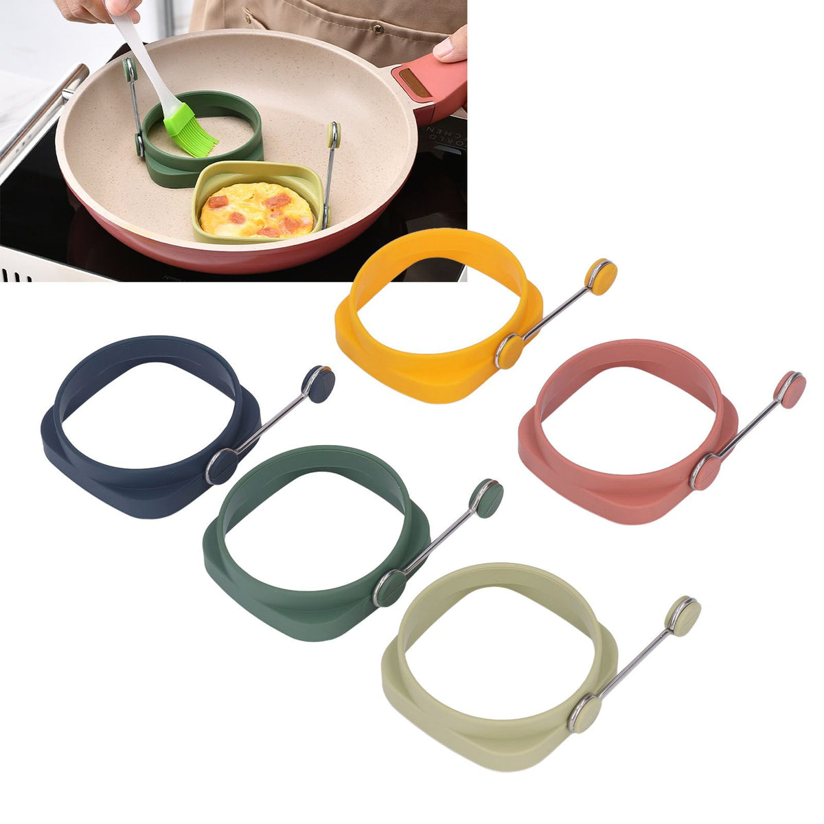 5 PCS Handle Egg Frying Rings Silicone Double Sided Egg Rings Quadrate Round Dual Use Omelet Mold