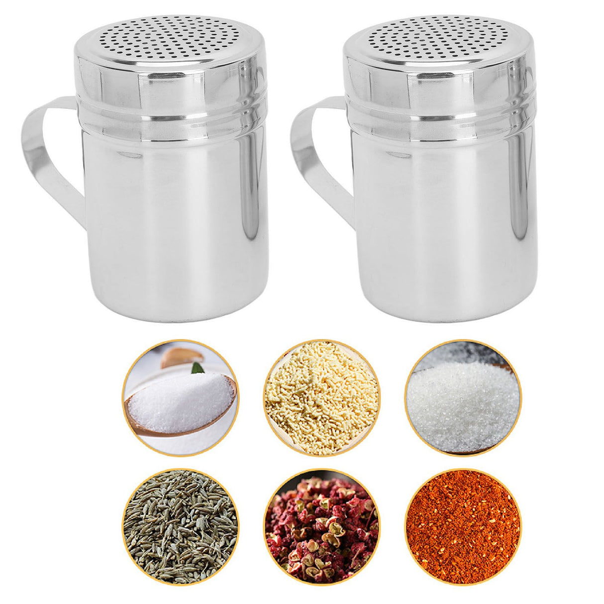 2pcs Stainless Steel Dredge Shaker with Lid Handle Salt Sugar Shakers Seasoning Pepper Shaker for Cooking Baking
