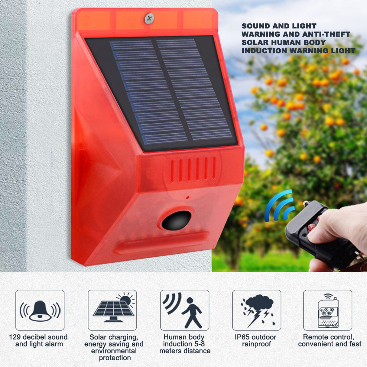 Solar Alarm Lamp 129db Motion Sensor Animal Repeller with Remote Control for Farm Orchard