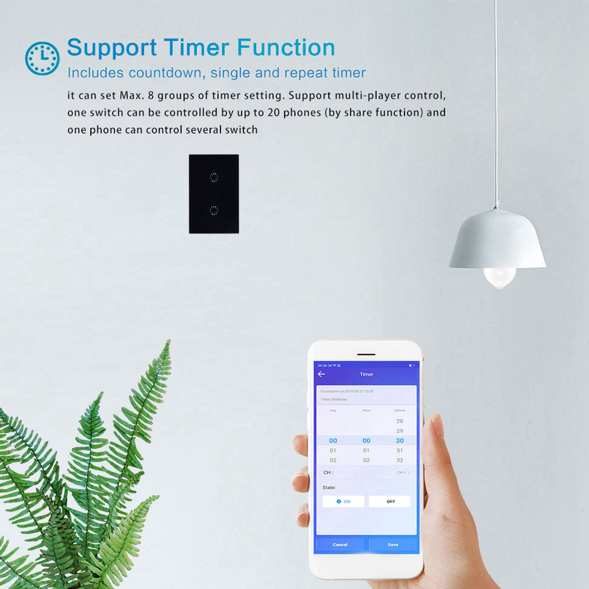LED Smart Light Switch WiFi Wall Touch 2 Gang for Amazon Alexa Intelligent Voice APP Control AC 95‑250VBlack Cover