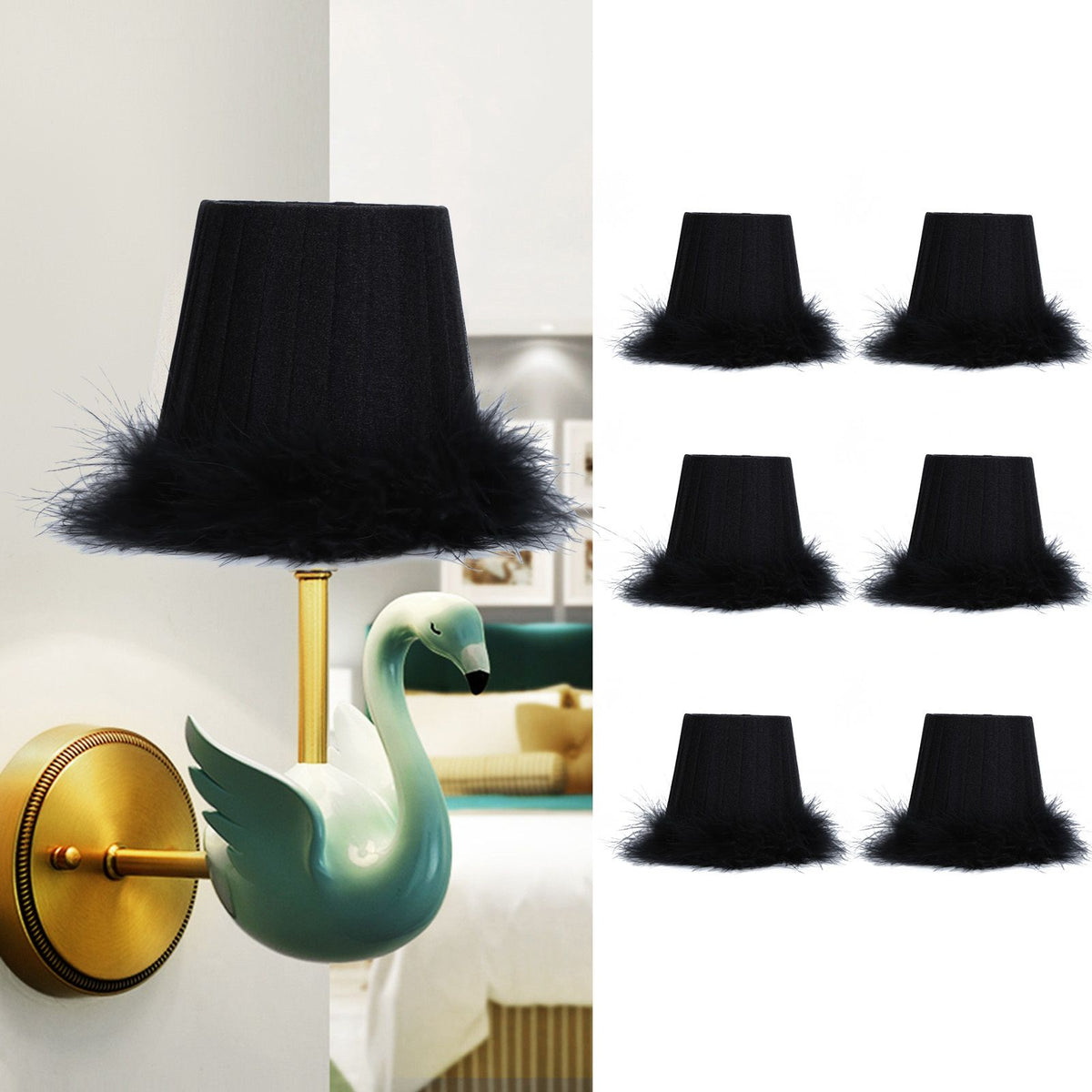 6Pcs Cloth Pendant Lamp Shade with Feather Edge Chandelier Lampshade Light Decoration Accessories