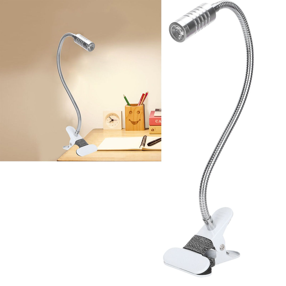 USB Powered ClipOn Desk Lamp Home LED Reading Flexible Table Lamp Silver Warm Light