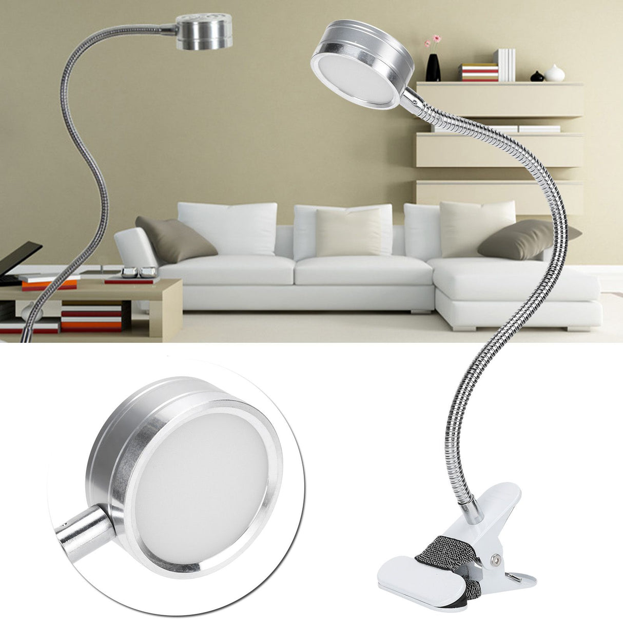 Clamp Light USB Warm Cold Color Temperature 360 Degrees Adjustable Gooseneck Light (Silver)
