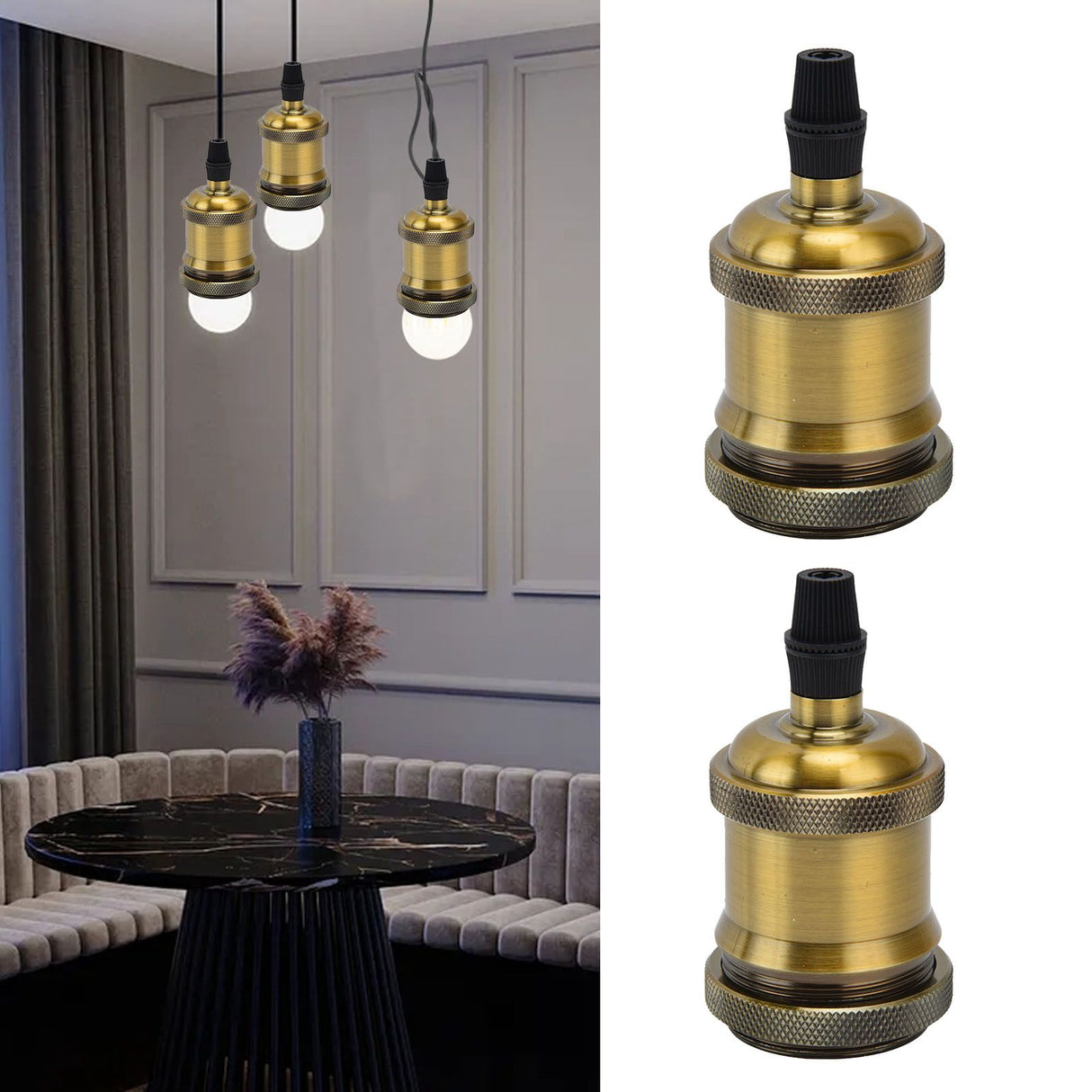 2PCS Vintage Lamp Socket Retro Aluminum Lamp Holder DIY Accessories for E26/27 Vintage BulbsYellow Bronze