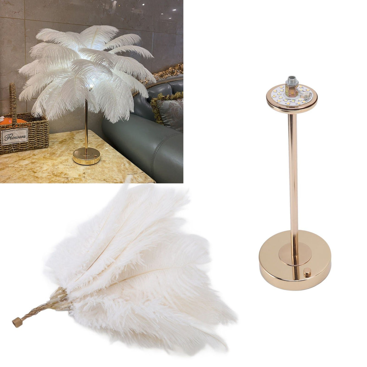 Feather Table Lamp Touch Switch USB Ostrich Feather Lamp 3 Color Dimming Desk Lamp with Gold Metal Base 30pcs Feather