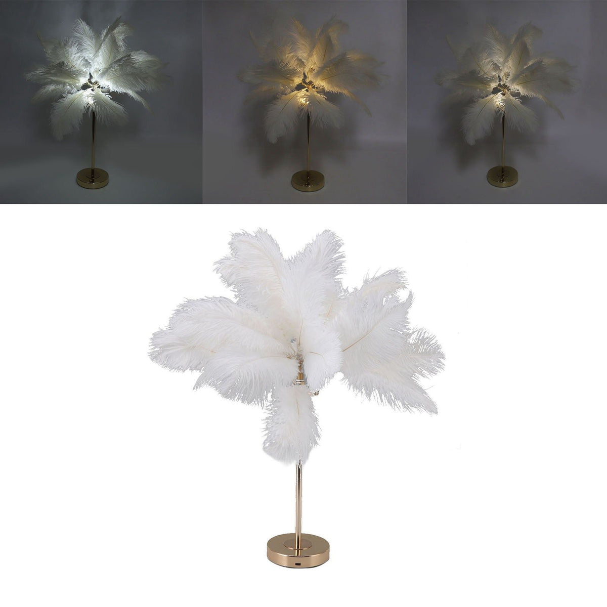 Feather Table Lamp Touch Switch USB Ostrich Feather Lamp 3 Color Dimming Desk Lamp with Gold Metal Base 30pcs Feather