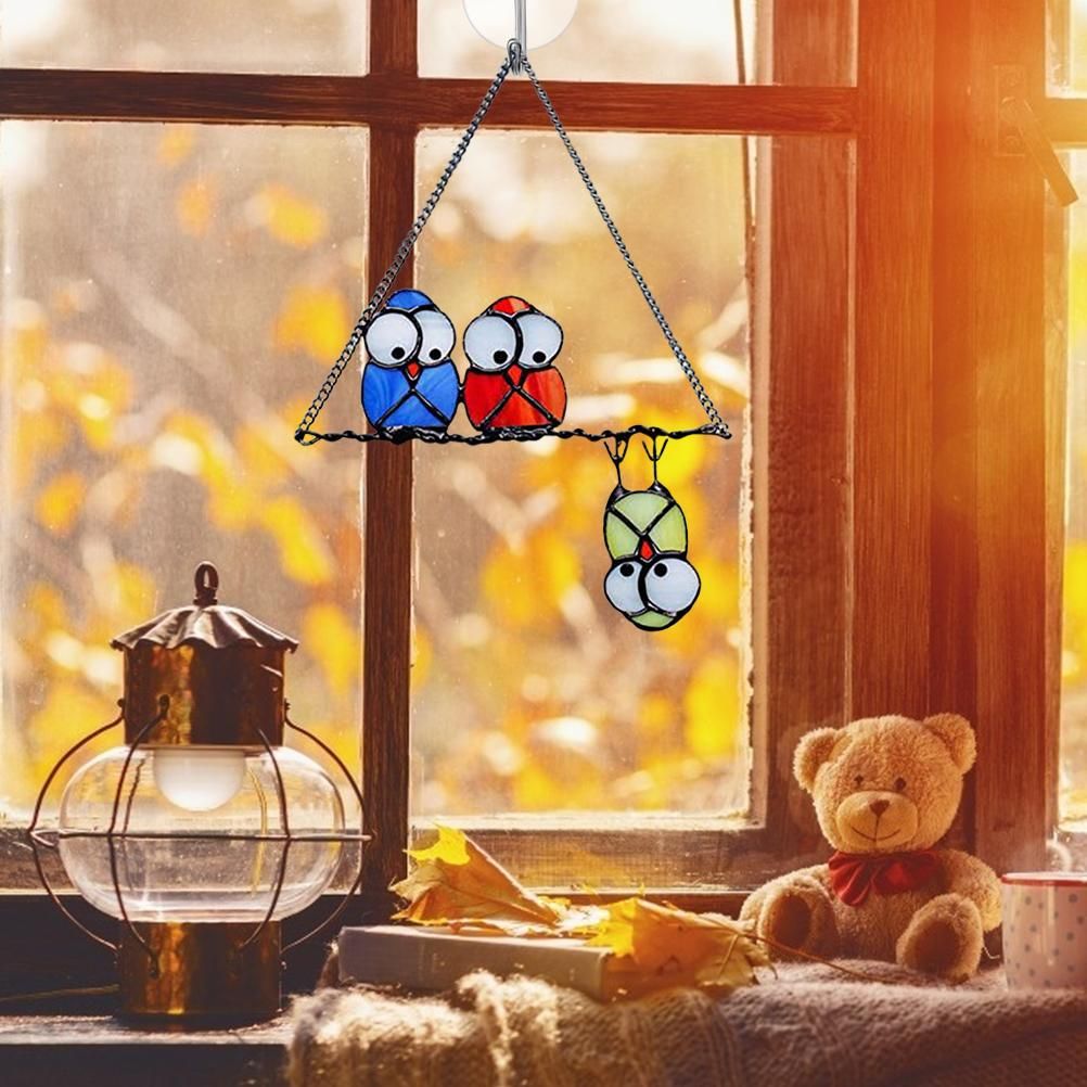 Metal Owl Hanging Decor Bird Sculpture Hanging Window Decoration for Indoor Outdoor Home Garden Bedroom