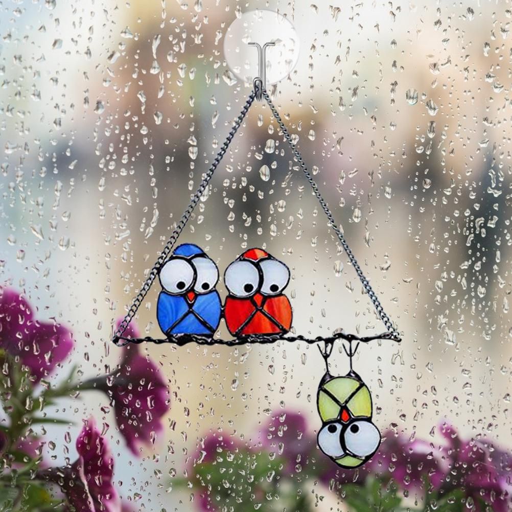 Metal Owl Hanging Decor Bird Sculpture Hanging Window Decoration for Indoor Outdoor Home Garden Bedroom