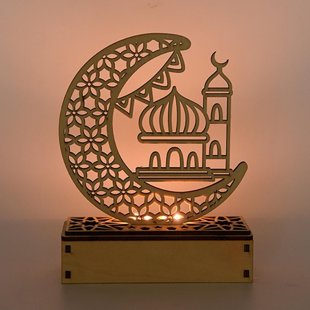 LED Eid Ramadan Hollow Decorations Openwork Carving Wooden Light Durable Table Light Crafts