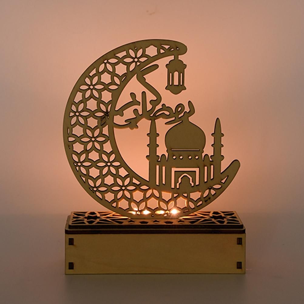 LED Eid Ramadan Hollow Decorations Openwork Carving Wooden Light Durable Table Light Crafts