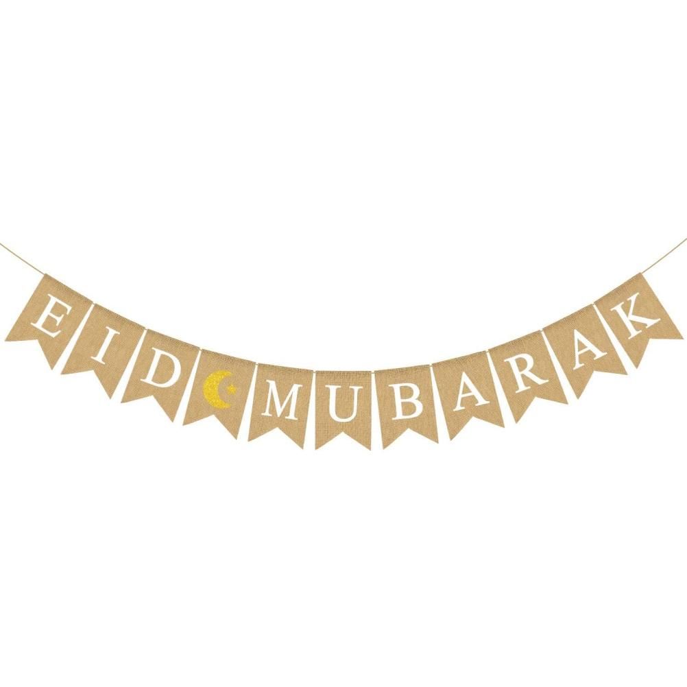 Eid Mubarak Banner Burlap Flag Decoration Eid Celebration Hanging Banner for Corridor Windows Living Room