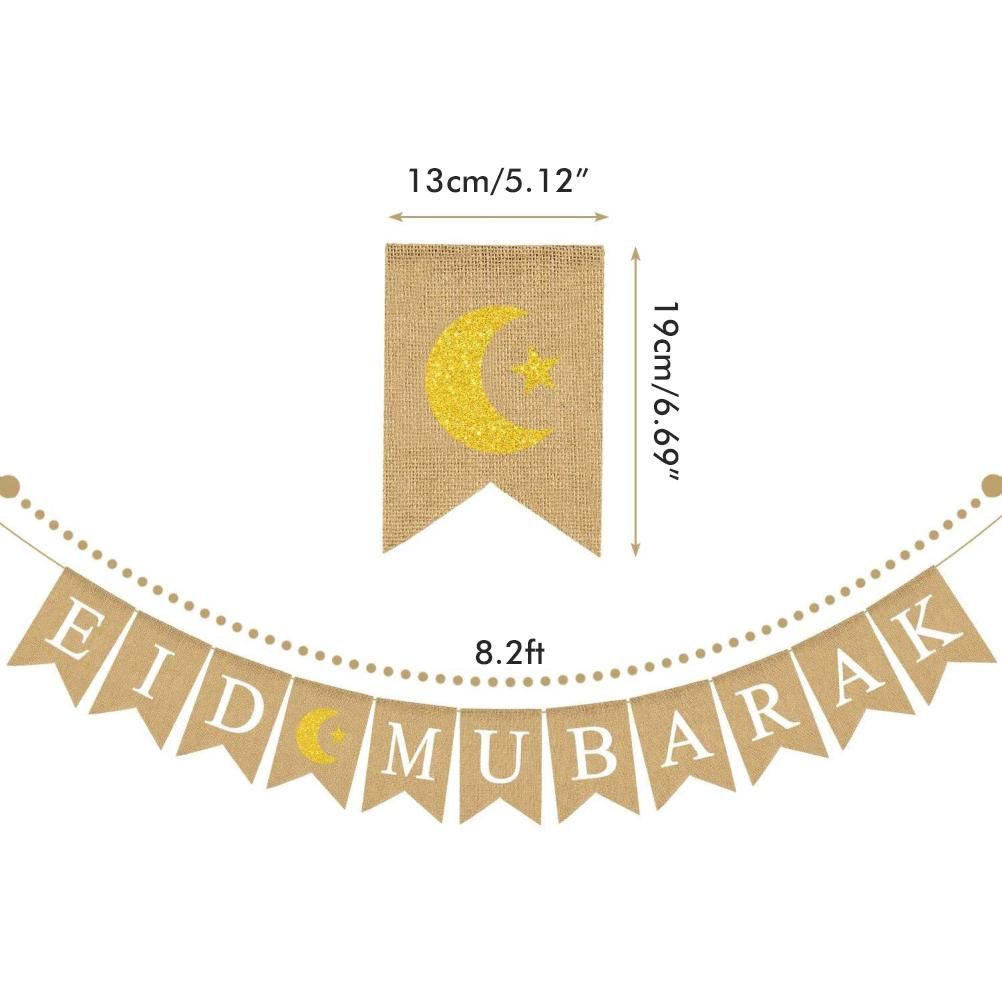 Eid Mubarak Banner Burlap Flag Decoration Eid Celebration Hanging Banner for Corridor Windows Living Room