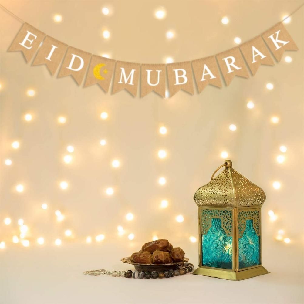 Eid Mubarak Banner Burlap Flag Decoration Eid Celebration Hanging Banner for Corridor Windows Living Room