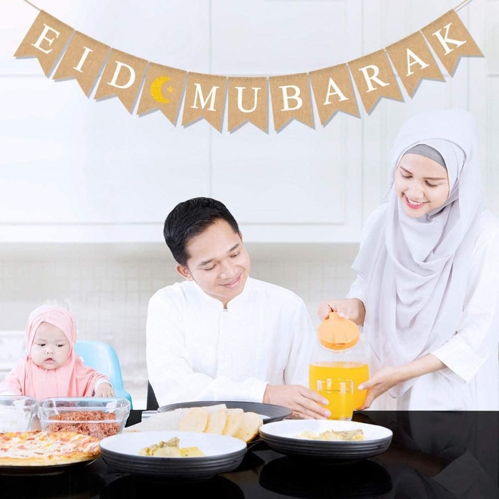 Eid Mubarak Banner Burlap Flag Decoration Eid Celebration Hanging Banner for Corridor Windows Living Room
