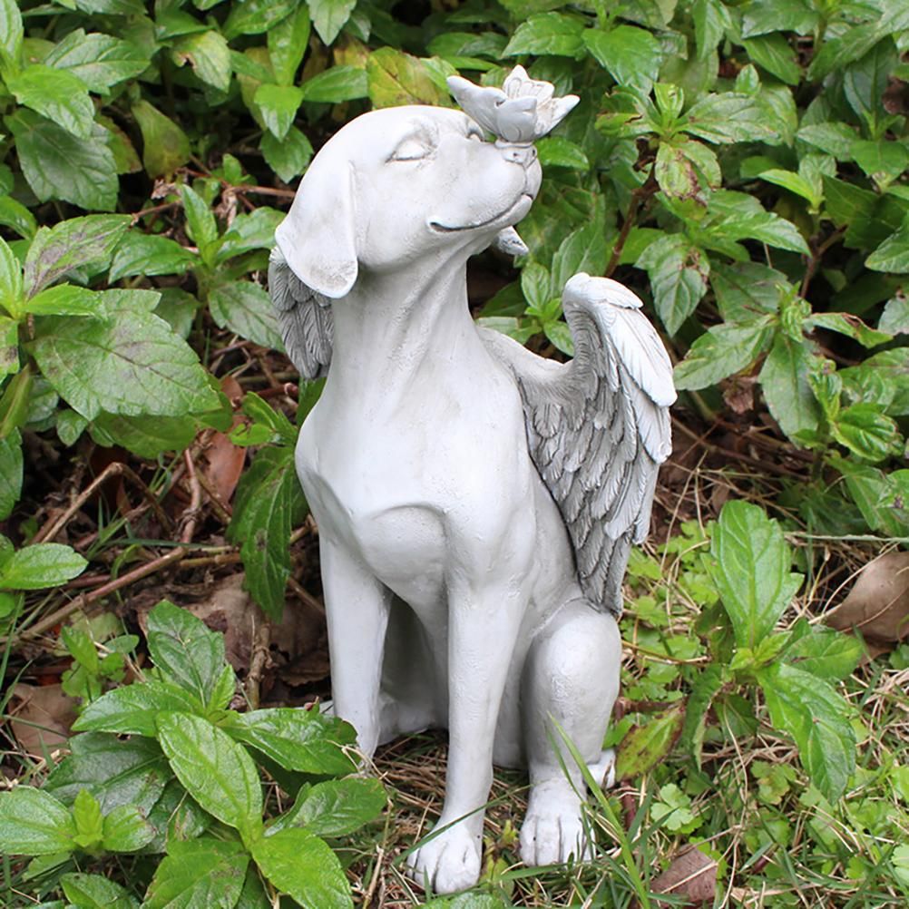 Garden Resin Statue Butterfly Angel Dog Sculpture Pet Dog Memorial Statue for Outdoor Garden Yard Decor
