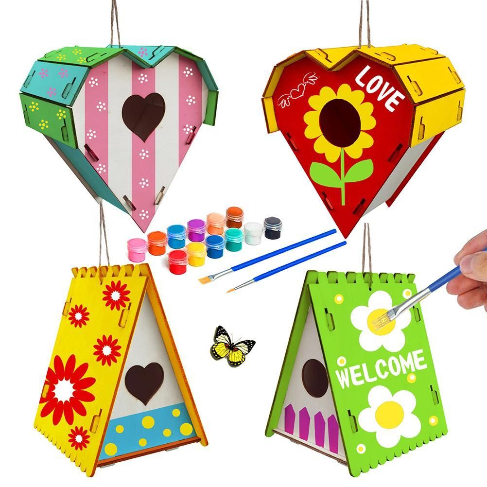 Wood Birds Nest Box DIY Nest Box Bird House Kit Painting Bird House Art Craft for Children