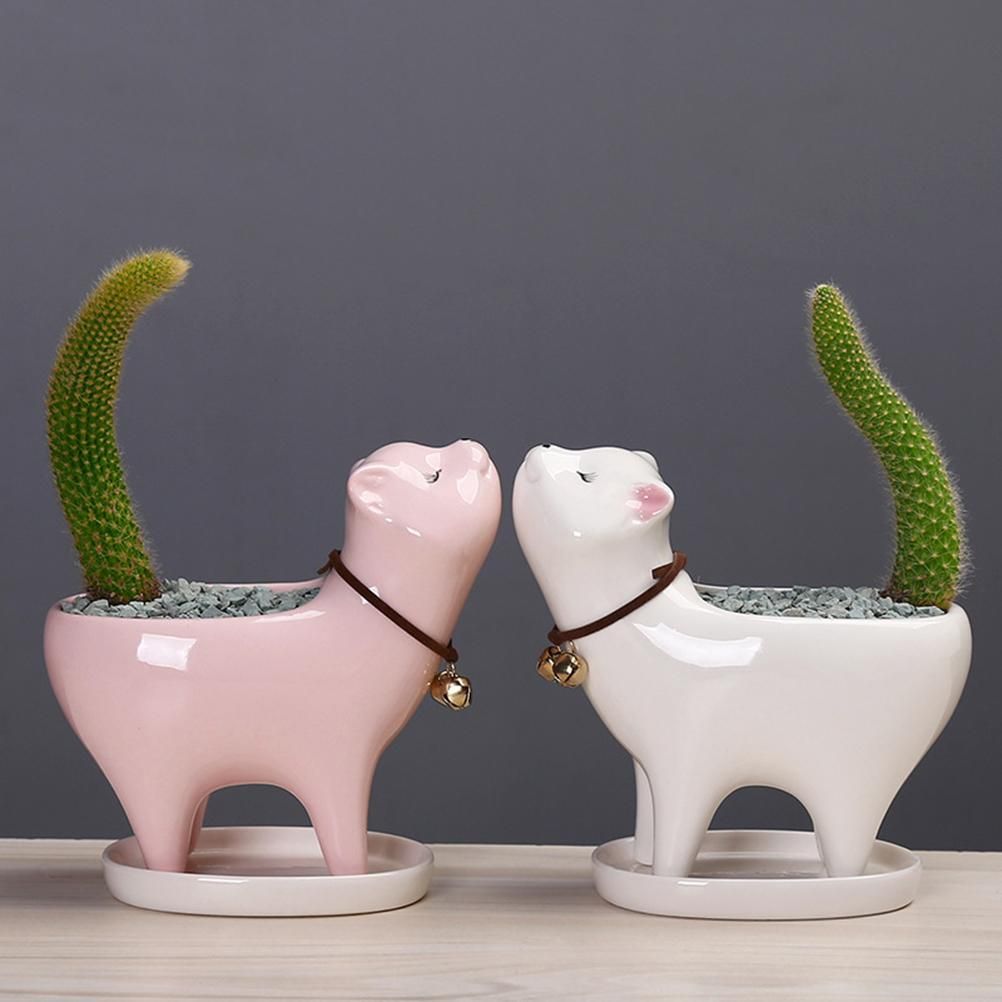 Kitten Ceramic Succulent Pots with Drain Hole Mini Pots for Plants Cactus Plants Containers for Home and Office Decoration
