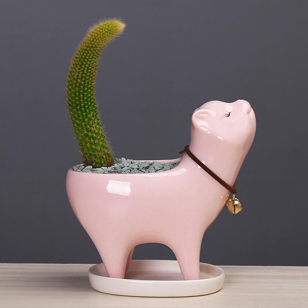 Kitten Ceramic Succulent Pots with Drain Hole Mini Pots for Plants Cactus Plants Containers for Home and Office Decoration