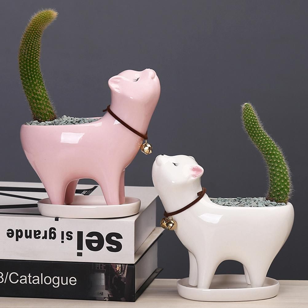 Kitten Ceramic Succulent Pots with Drain Hole Mini Pots for Plants Cactus Plants Containers for Home and Office Decoration