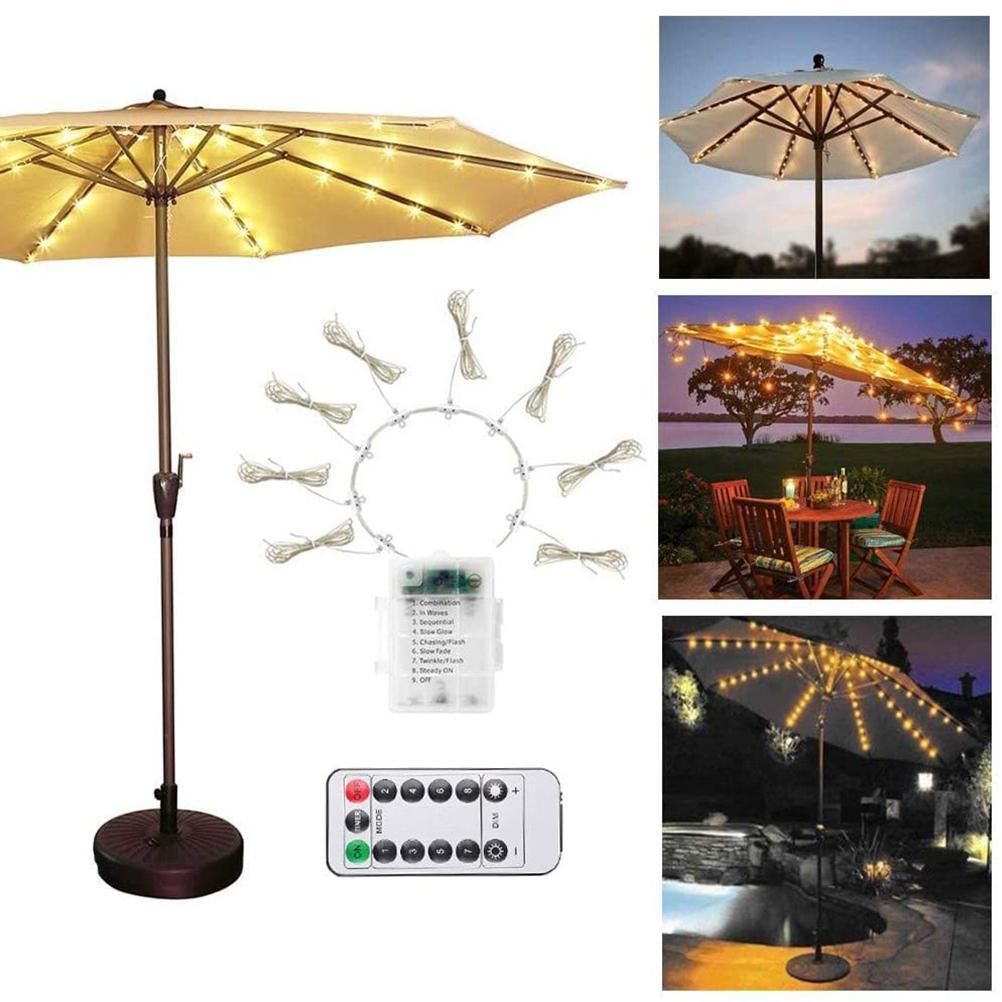 Outdoor Patio Umbrella Light Strings LED Umbrella Lamp with Remote Control and 10 Cable Tie Umbrella Pole Light Garden Decor
