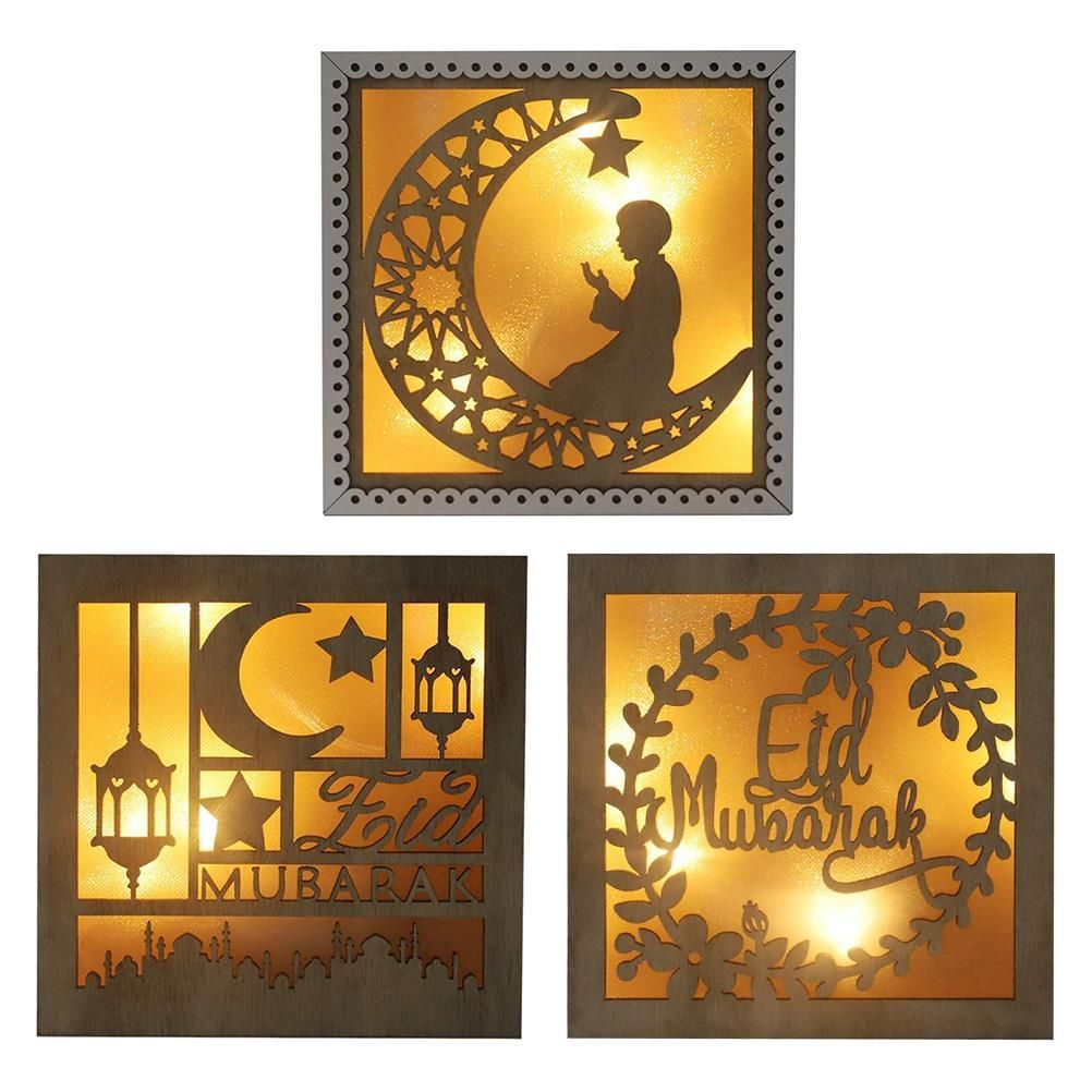 Wooden Eid Crafts Night Light 3D Ramadan Mubarak Lamp Handmade Wooden Moon Star LED Lights Decoration