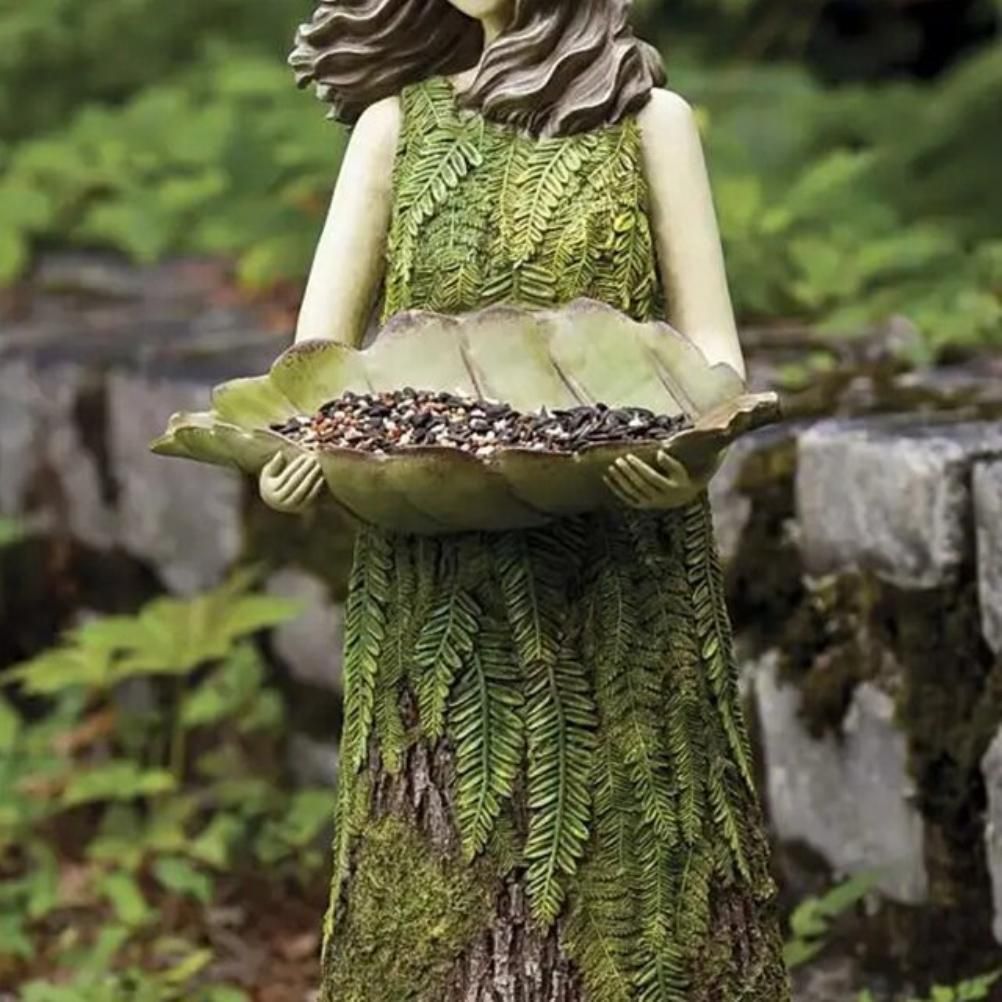 Fairy Garden Statue with Bird Feeder Lawn Resin Ornaments Garden Art Sculptures for Outdoor Decorations