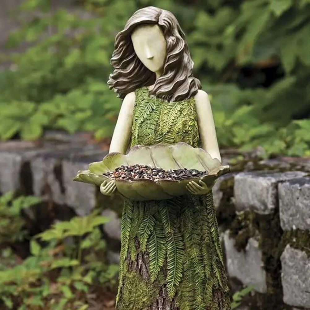Fairy Garden Statue with Bird Feeder Lawn Resin Ornaments Garden Art Sculptures for Outdoor Decorations