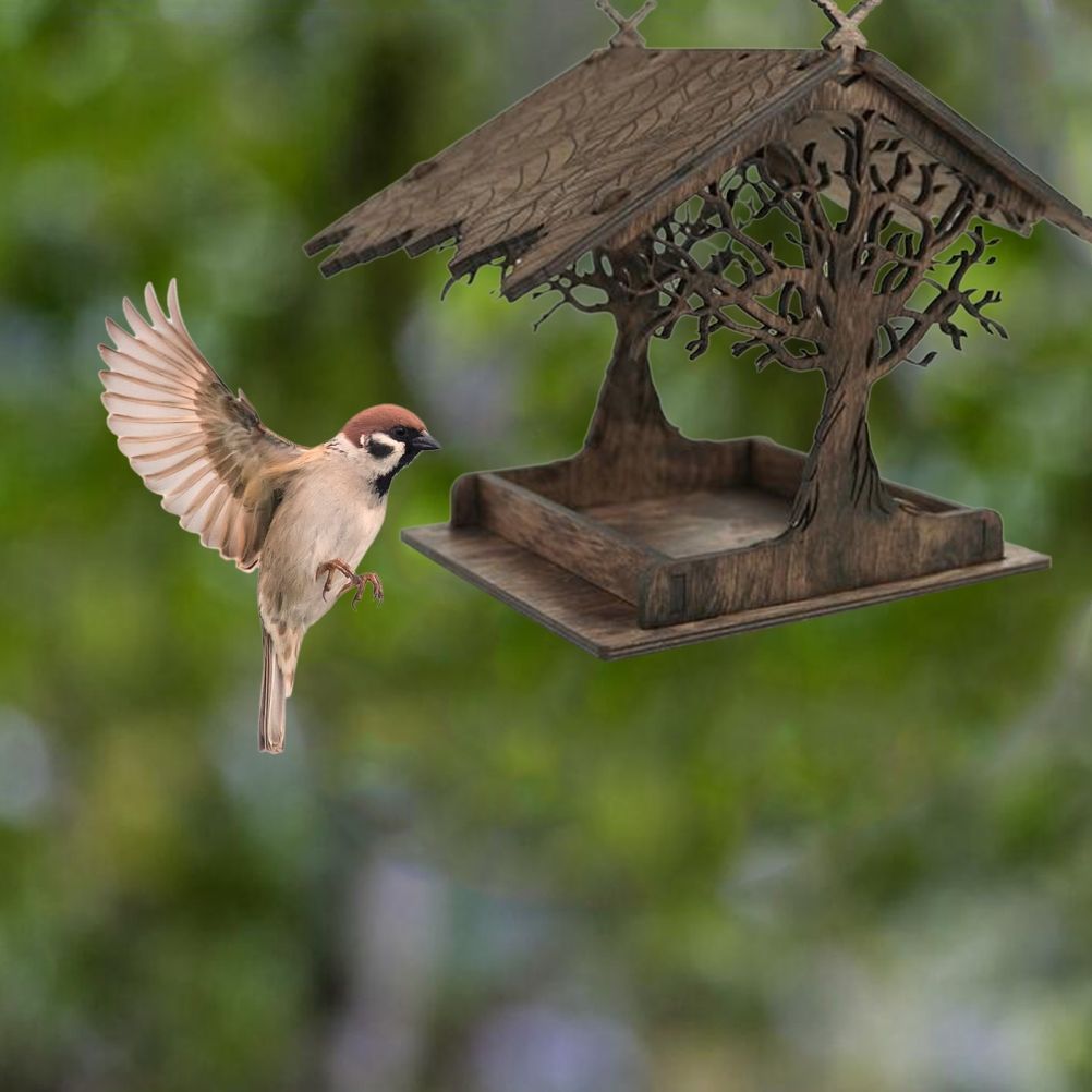 Wooden Bird Feeder Hanging Seed Container Tray for Wild Birds Home Garden Yard Tree Decoration
