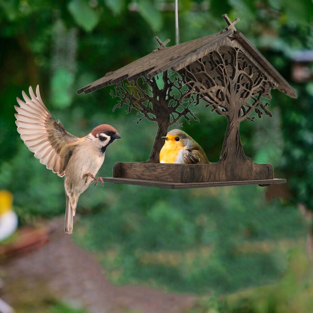 Wooden Bird Feeder Hanging Seed Container Tray for Wild Birds Home Garden Yard Tree Decoration