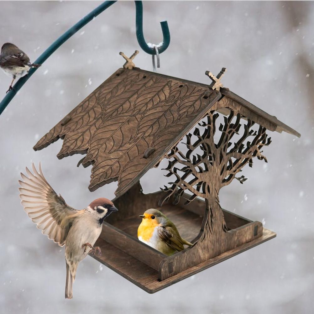 Wooden Bird Feeder Hanging Seed Container Tray for Wild Birds Home Garden Yard Tree Decoration