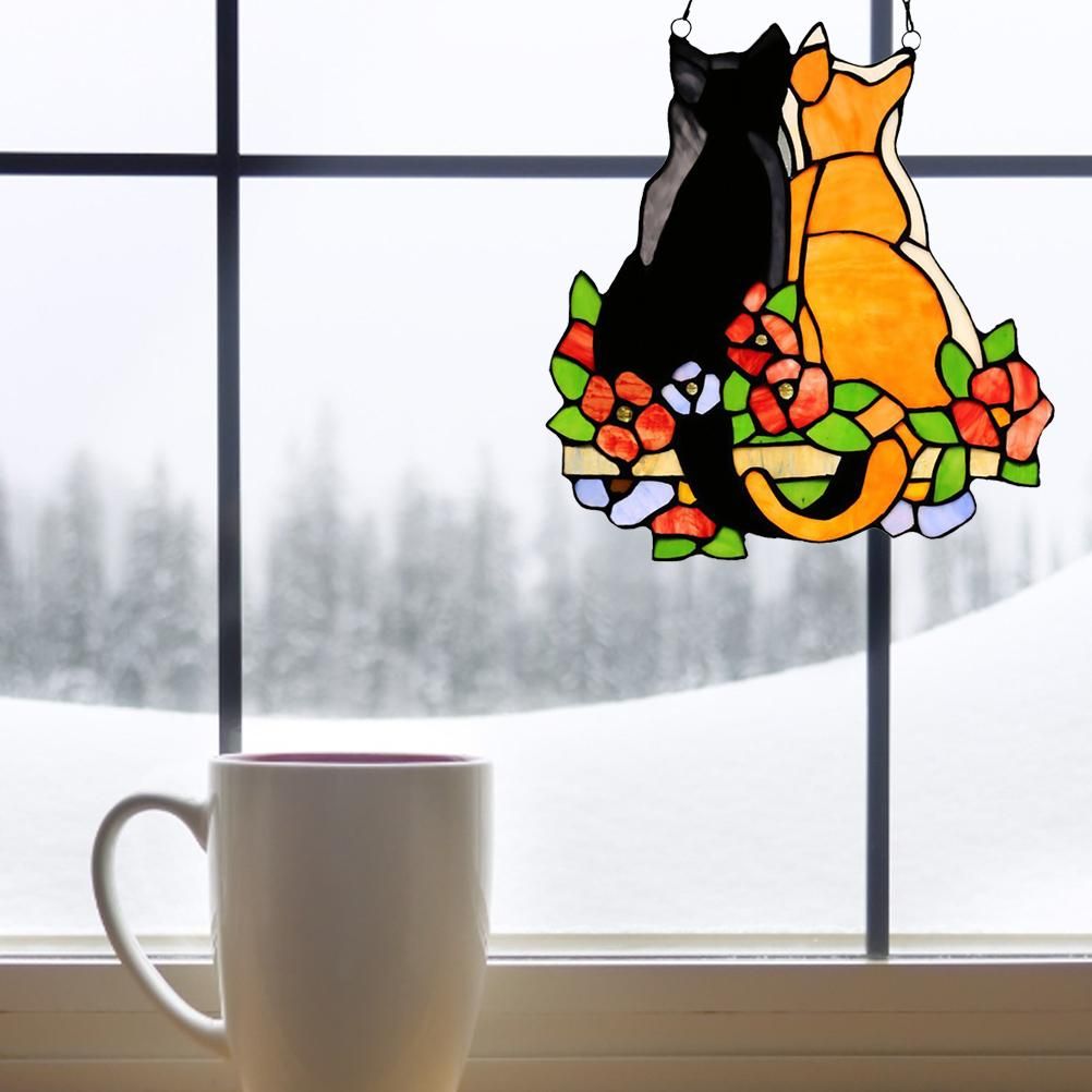 Stained Glass Cats Window Panel Stained Suncatcher Hanging Ornaments Home Decoration