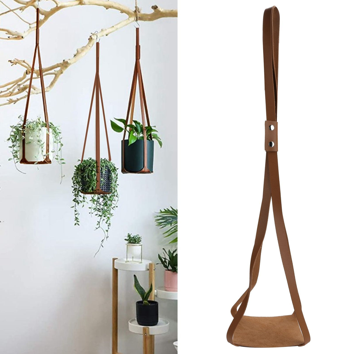 PU Leather Plant Hanger Planter Flowerpot Hanging Holder Home Decor Garden DecorationBrown Square Bottom