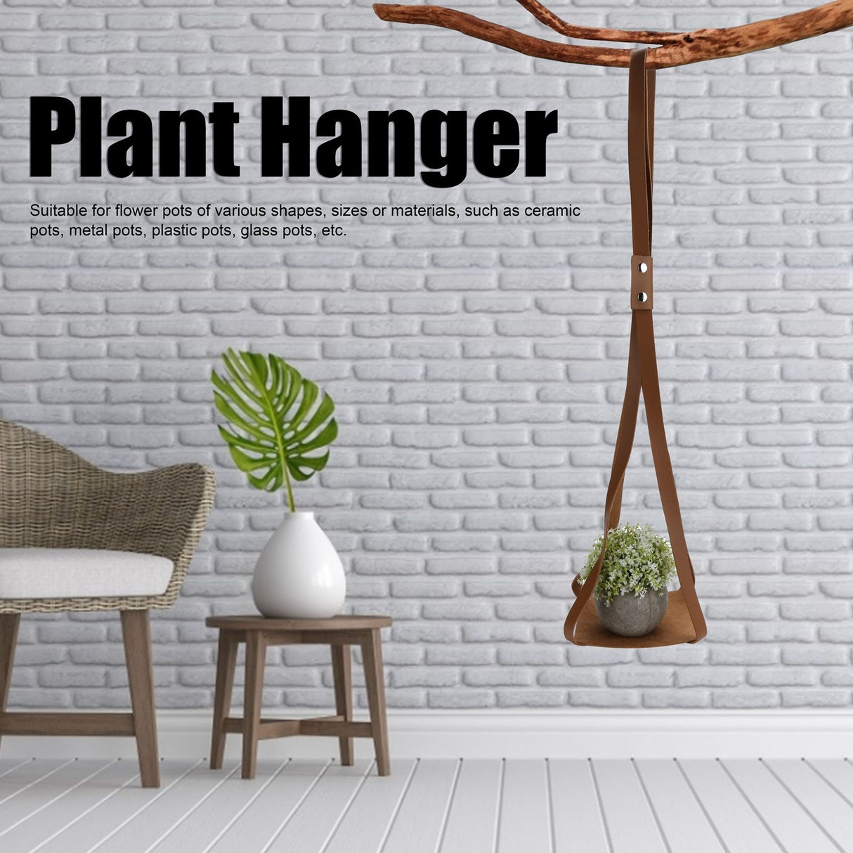 PU Leather Plant Hanger Planter Flowerpot Hanging Holder Home Decor Garden DecorationBrown Square Bottom