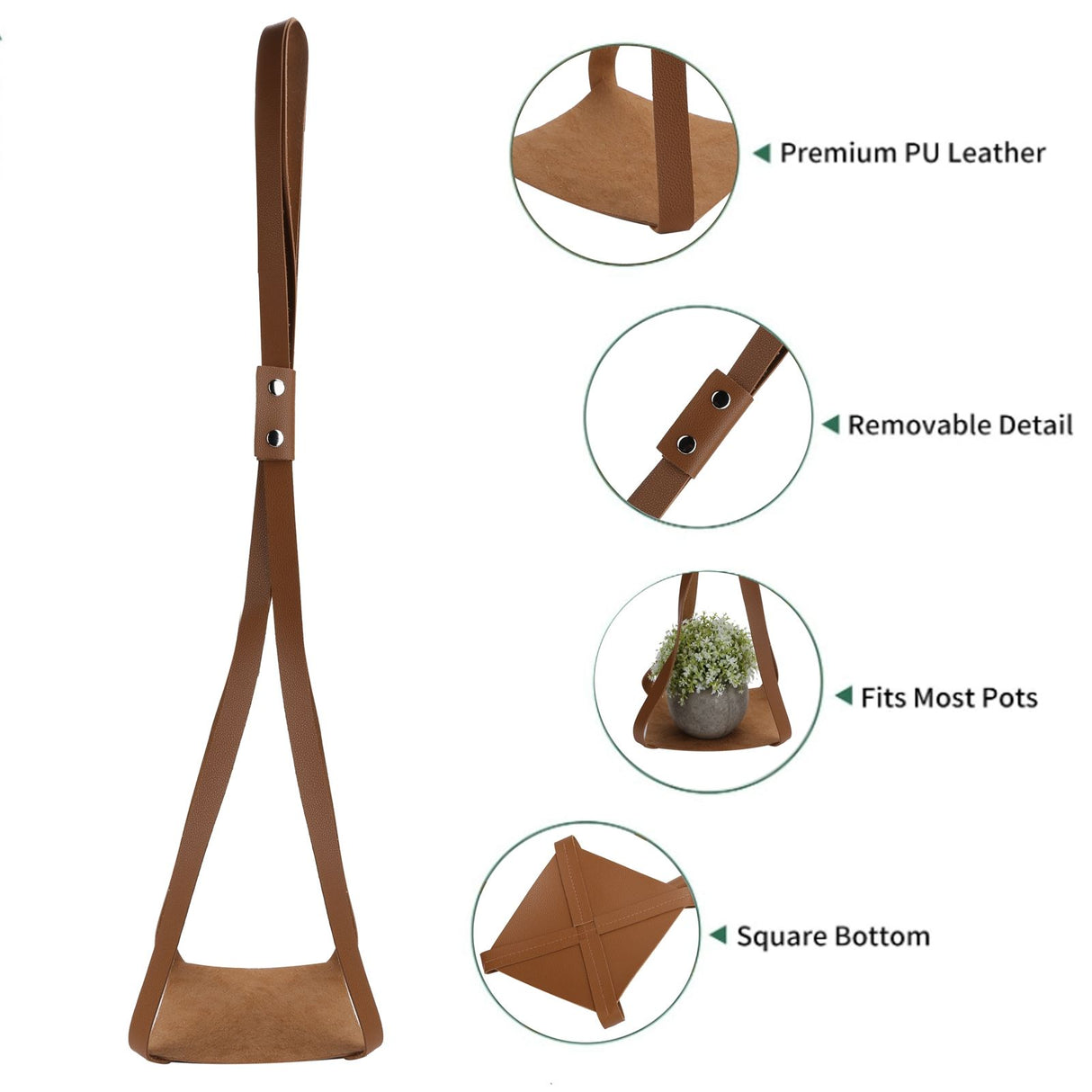 PU Leather Plant Hanger Planter Flowerpot Hanging Holder Home Decor Garden DecorationBrown Square Bottom