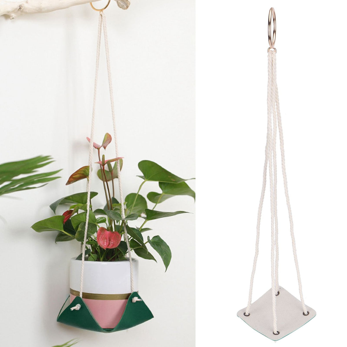 Planter Holder Flowerpot Hanging Rack Hanger with PU Leather Base Cotton Rope for GardeningGreen 10cm